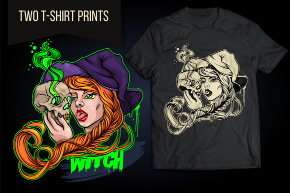 Witch with Magic Skull Halloween Vector Graphics